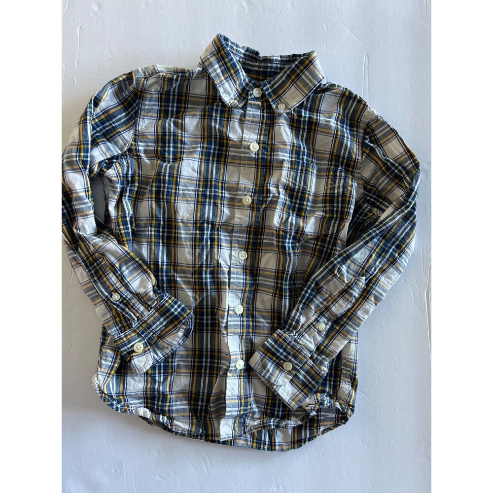 Gap Kids Boys Shirt S 6/7 Yellow Blue Plaid Long Sleeve Button Front Casual